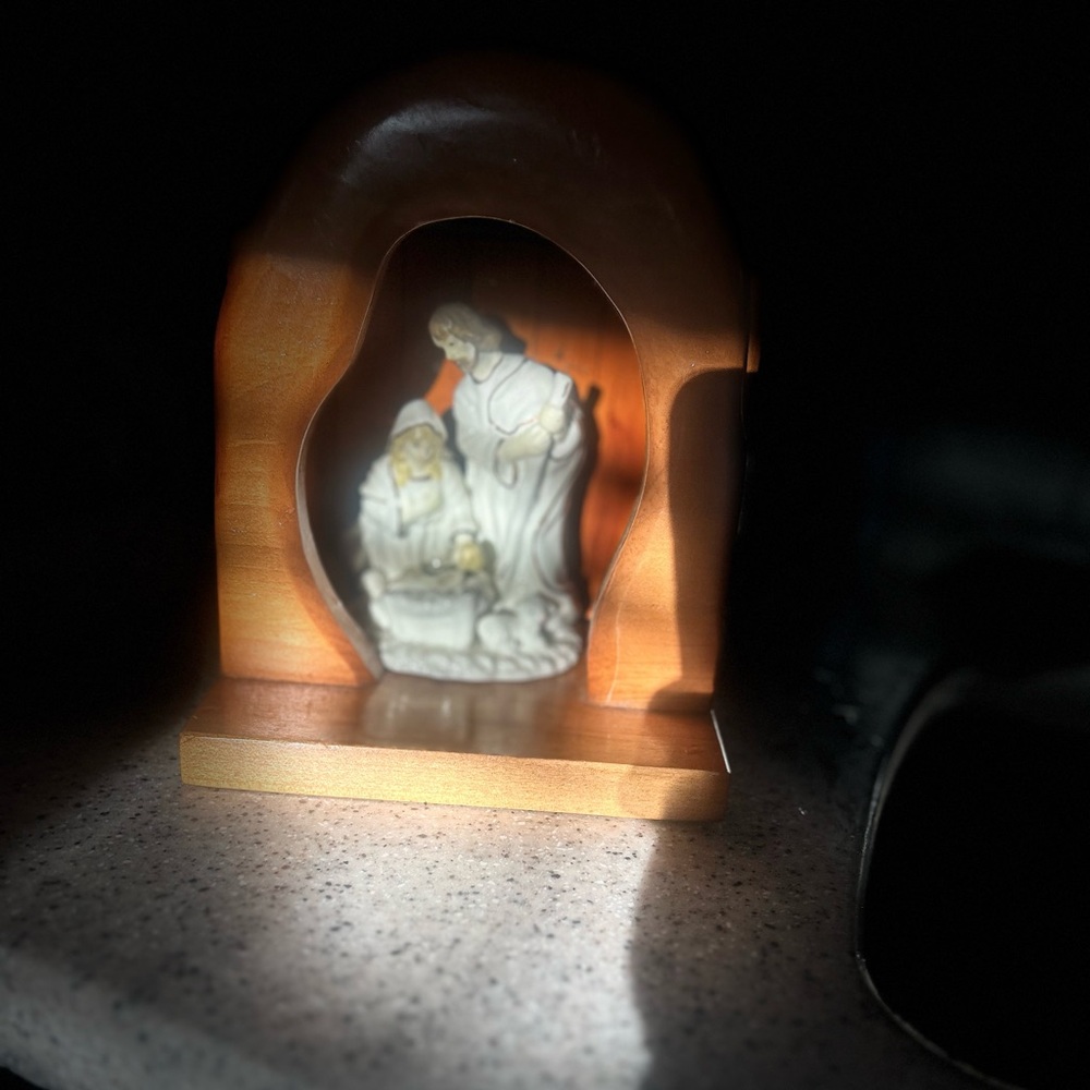 Solid Wooden Nativity Scene with White Figurines